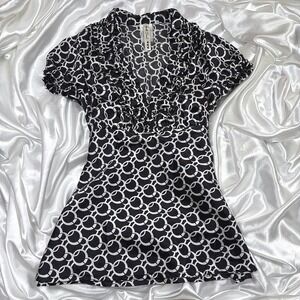 y2k Blouse Black Excellent Heart Soul Ruffle V-Neck Geometric Chain Link Top